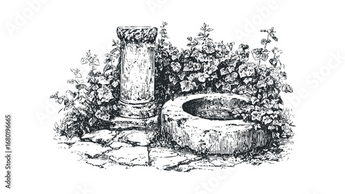 Sketch of Ancient Stone Pillar and Water Basin Surrounded by Lush Foliage. Vector hand drawn illustration
