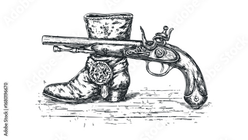 Vintage pistol piercing a pirate boot with ornate buckle. Vector hand drawn illustration