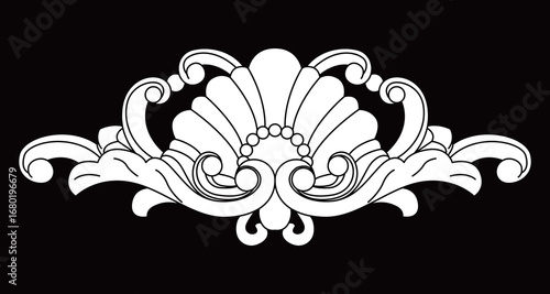 An elegant decorative shell and leaf scroll ornament features ornate curves and flourishes.
