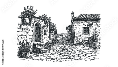 Old stone pathway leading to a rustic house with an arched doorway and steps. Vector hand drawn illustration