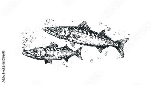 Sketch of Two Barracuda Fish Swimming Underwater with Bubbles. Vector hand drawn illustration