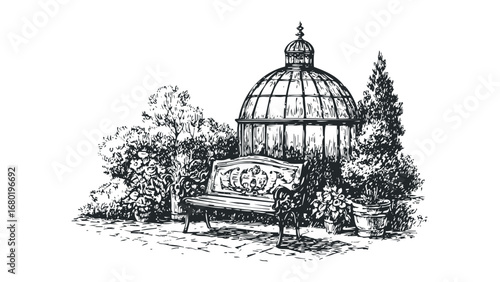 Ornate bench in garden next to glass dome greenhouse and foliage. Vector hand drawn illustration