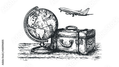 Vintage suitcase and globe with airplane in flight sketch on white. Vector hand drawn illustration