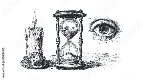 Sketch of a lit candle with skull, hourglass, and human eye. Vector hand drawn illustration