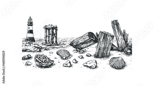 Seaside scene with lighthouse, derelict pier, and scattered shells and driftwood. Vector hand drawn illustration