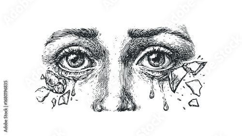 Close up of a person's crying eyes with fragments breaking off. Vector hand drawn illustration