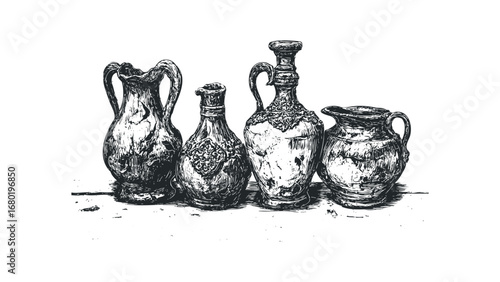 Engraved antique pottery collection on white background. Vector hand drawn illustration