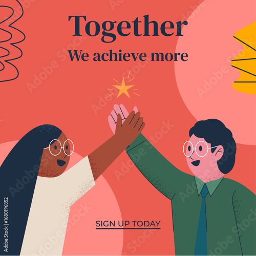 Two colleagues share a celebratory high five, symbolizing teamwork, unity, and collective success.