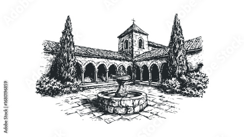 Architectural sketch of a cloistered courtyard with a fountain and cypress trees. Vector hand drawn illustration