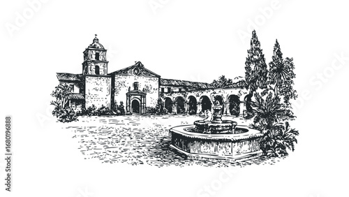 Sketch of an Old Mission Courtyard with Fountain and Bell Tower. Vector hand drawn illustration