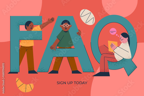 Playful scene of people interacting around giant FAQ letters, representing customer help, guidance, and information.