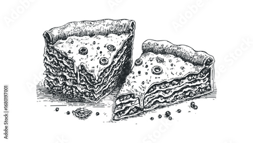 Hand-drawn engraving of two delicious lasagna slices with olives and basil. Vector hand drawn illustration