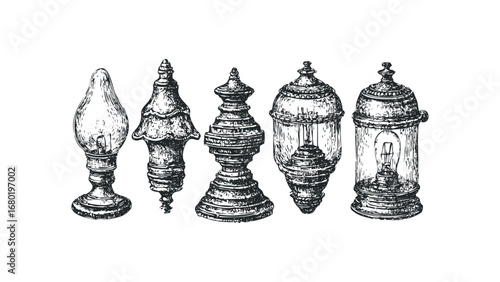 Collection of Antique Oil Lamp Designs in Black and White Sketch Style. Vector hand drawn illustration