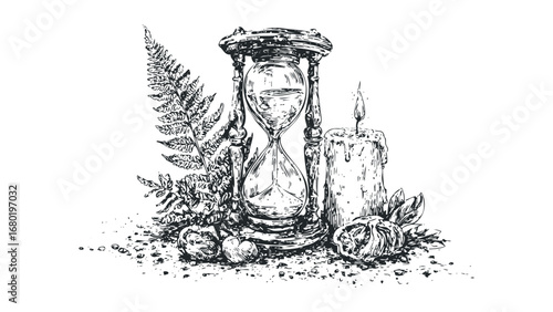Sketch of an ornate hourglass next to a lit candle and fern leaves. Vector hand drawn illustration