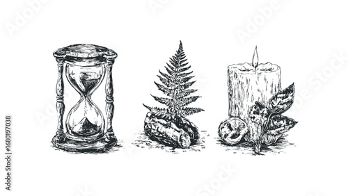 Sketch of hourglass, fern on stone, and lit candle with leaves. Vector hand drawn illustration