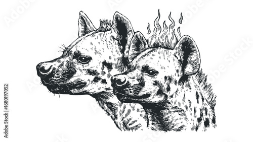 Two hyenas with flaming manes in a detailed sketch on a transparent background. Vector hand drawn illustration