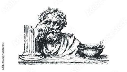 A thoughtful ancient man with curly hair resting head on hand next to a broken column and a bowl. Vector hand drawn illustration