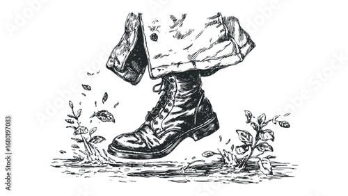 Sketch of a boot stepping on plants and splashing water. Vector hand drawn illustration