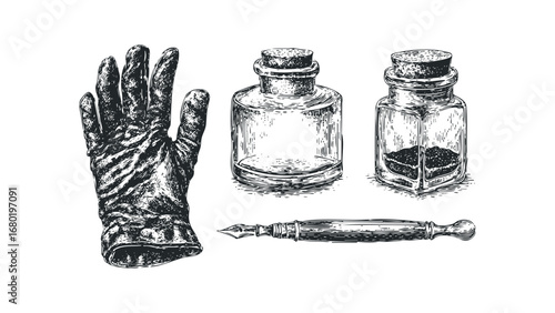 Vintage glove, ink bottles, and fountain pen sketch. Vector hand drawn illustration