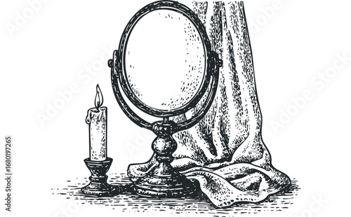 Antique vanity mirror and lit candle with draped fabric. Vector hand drawn illustration