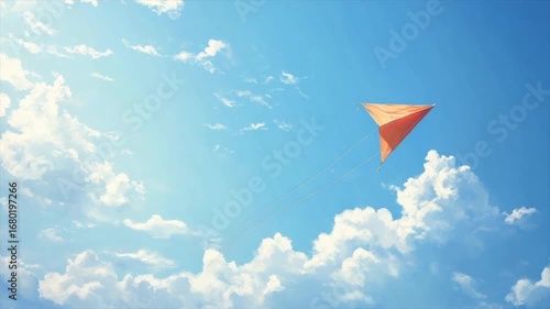 Orange kite soaring in a vibrant blue sky with fluffy white clouds
