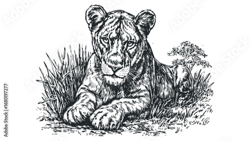 Linocut Style Drawing of a Young Lion Resting in Tall Grass. Vector hand drawn illustration
