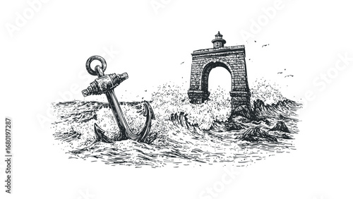 Nautical anchor and stone archway in rough seas with splashing waves and flying birds. Vector hand drawn illustration
