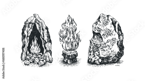 Three rough sketch elements including a cave with fire, a single campfire, and a rough stone. Vector hand drawn illustration