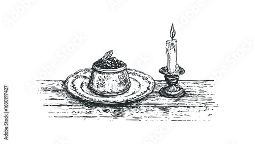 Sketch of food in pot with feather on plate and candle in holder on wood surface. Vector hand drawn illustration