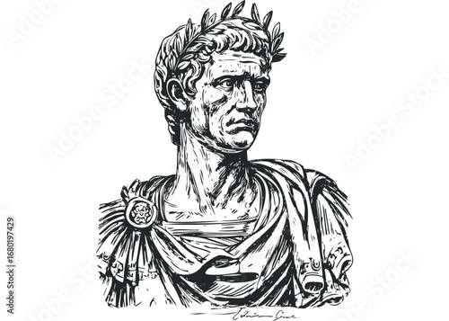 Ancient Roman leader bust with laurel wreath and draped toga. Vector hand drawn illustration