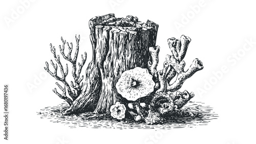 Detailed ink drawing of a tree stump surrounded by coral-like formations and fungi. Vector hand drawn illustration