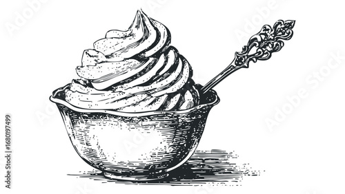 Vintage dessert bowl with swirled topping and ornate spoon. Vector hand drawn illustration