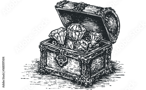 Antique treasure chest overflowing with faceted diamonds. Vector hand drawn illustration