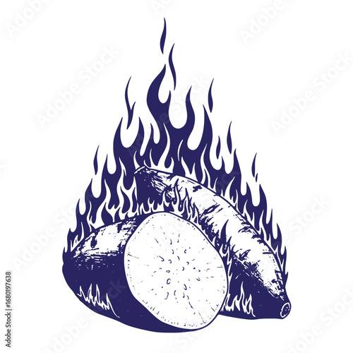 Intensely delicious roasted sweet potatoes with flames in a retro graphic illustration