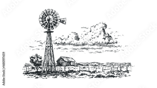 Rustic Windmill and Barn Scene with Wispy Clouds. Vector hand drawn illustration