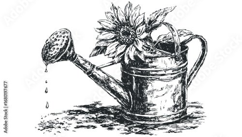 Sunflower in Watering Can with Droplets. Vector hand drawn illustration