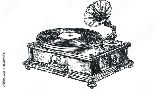 Vintage Gramophone Playing Music on Transparent Background. Vector hand drawn illustration