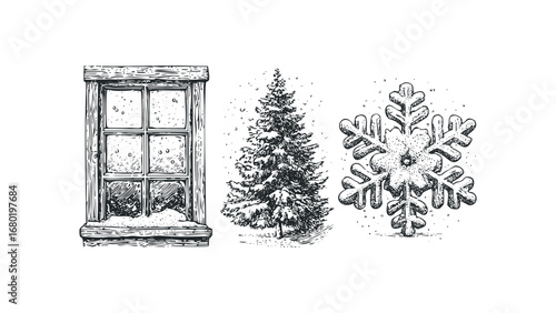 Textured depiction of a snow-covered window, evergreen tree, and snowflake. Vector hand drawn illustration