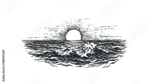 Sun Rising Over Rough Ocean Waves With Rays Emitting From Sun. Vector hand drawn illustration