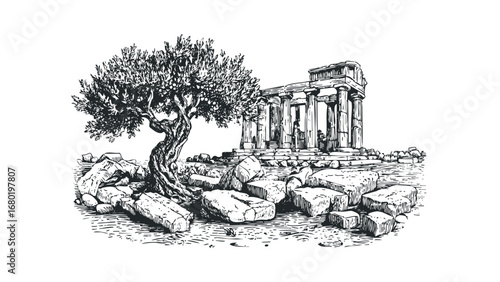 Ancient Greek Temple Ruins with Olive Tree and Scattered Stones. Vector hand drawn illustration