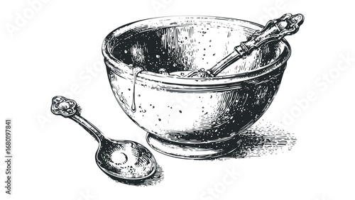 Engraved bowl with spoon showing spilled liquid and droplets. Vector hand drawn illustration
