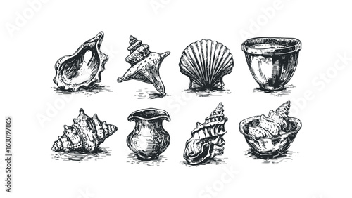 Hand Drawn Assortment of Marine Shells and Vases Collection. Vector hand drawn illustration