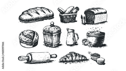 Sketch Collection of Bakery Goods and Baking Utensils. Vector hand drawn illustration