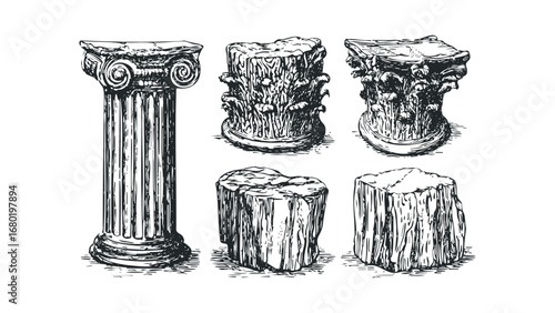 Ancient Architectural Columns and Stone Fragments Collection. Vector hand drawn illustration