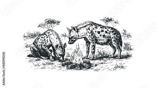 Two Hyenas Gathered Around a Crackling Campfire in a Sketchy Style. Vector hand drawn illustration