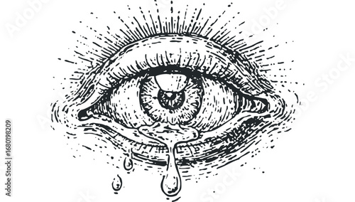 Distressed Eye With Dripping Tears and Radial Burst. Vector hand drawn illustration