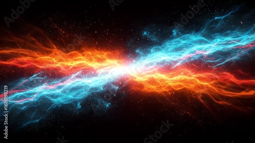 Abstract, fiery and icy streams clash in a central point, amidst a star-studded void. Colors of red, orange, and blue dominate