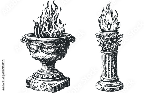 Antique urn and column with flames drawn in classic sketch style. Vector hand drawn illustration