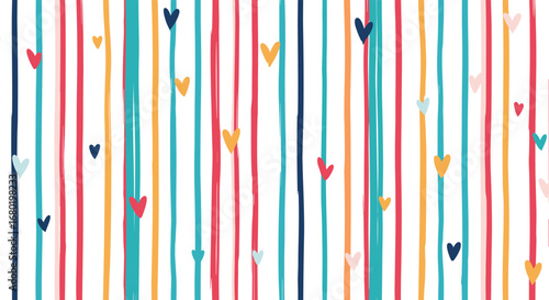 Vibrant striped background with scattered colorful hearts, perfect for playful designs