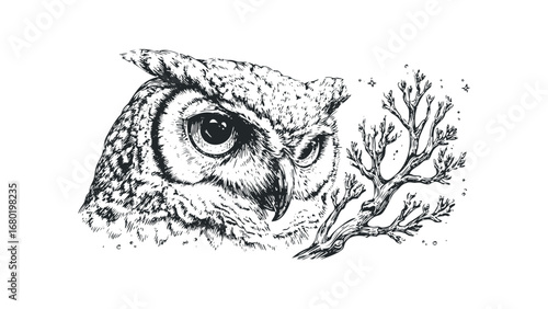 Detailed sketch of an owl's head with a barren tree branch and celestial elements. Vector hand drawn illustration